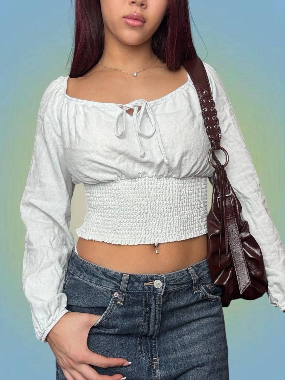 Aeropostale White Smocked Tie-Front Long Sleeve Crop Top